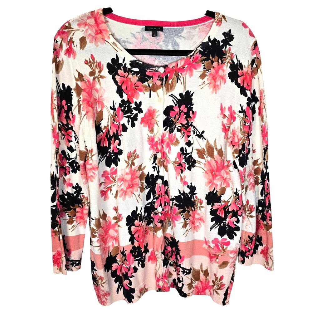 Talbots Cardigan Sweater Women's L Coral Black Floral Classic Career Romantic